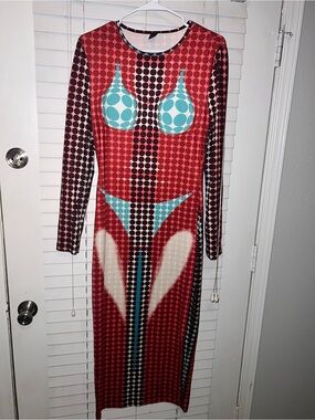Graphic Dot Pattern Long Sleeve Bodycon Dress in Red & Teal